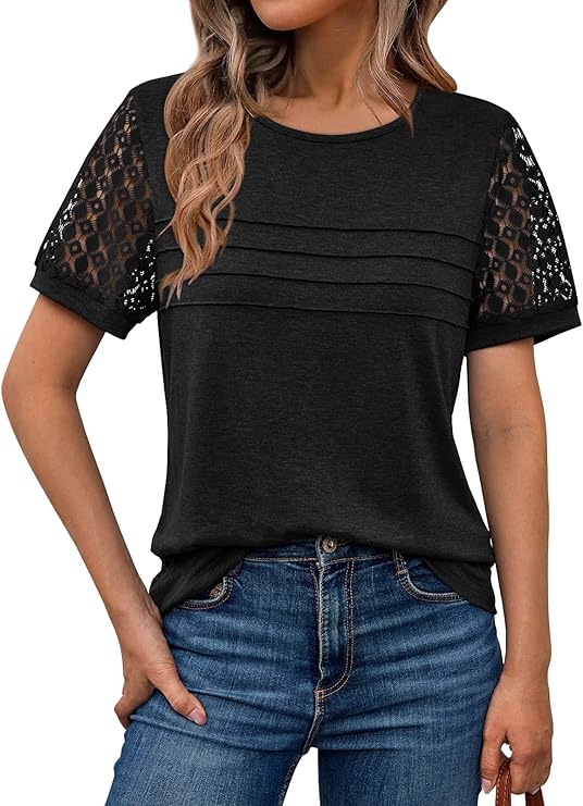 AUTOMET Women's Short Sleeve Shirts Dressy Lace Summer Tops 2026 Spring Trendy Casual T-Shirts Cute Work Outfits Blouses