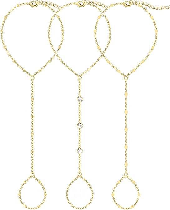 3PCS 14K Gold-Plated Hand Chain Bracelets for Women, Stack Bracelets Set Adjustable, Trendy Dainty Ring Bracelet Hand Chain