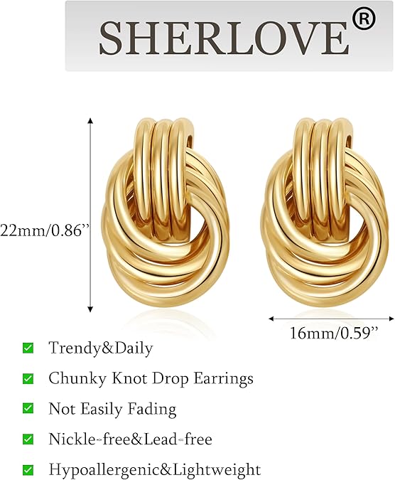 SHERLOVE Trendy Gold Plated Knot Earrings for Women Chunky Statement Drop Dangle Earrings Lightweight Hypoallergenic Fashion Accessories Gold Jewelry Gifts for Womens